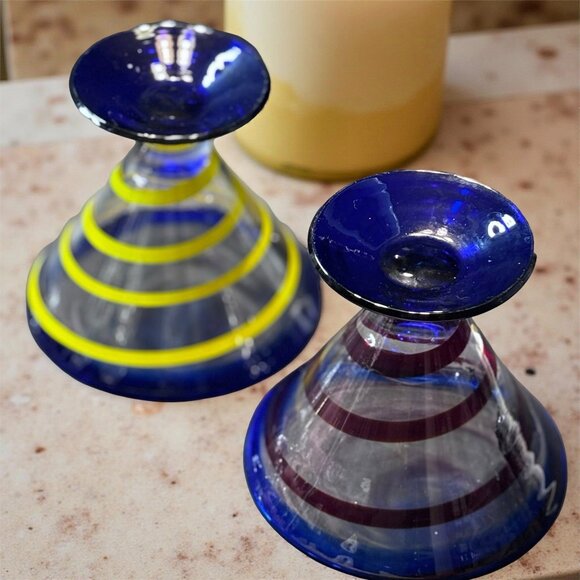 Hand-Blown Cobalt Rim Martini Glasses – Matched Pair, Mexican Art Glass, Lemon & - Picture 9 of 9